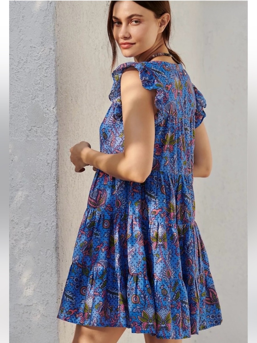 ROLLER RABBIT Boho Blue Floral Tiered Mini Dress